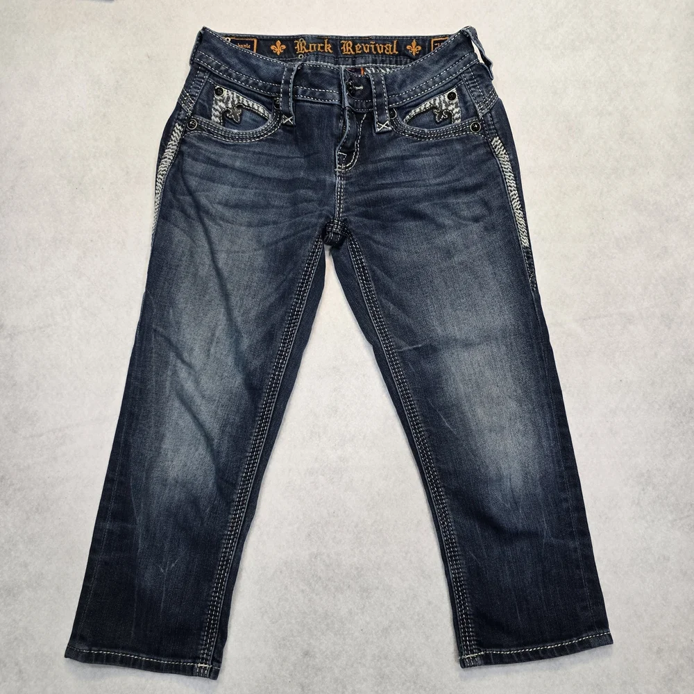 Rock Revival Stephanie Capri Jeans Blue Distressed Rhinestone Fleur De‎ Lis 25